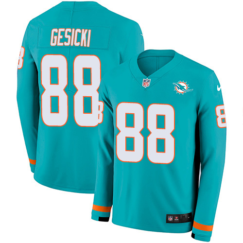 Dolphins #88 Mike Gesicki Aqua Green Team Color Youth Stitched Limited Therma Long Sleeve Jersey