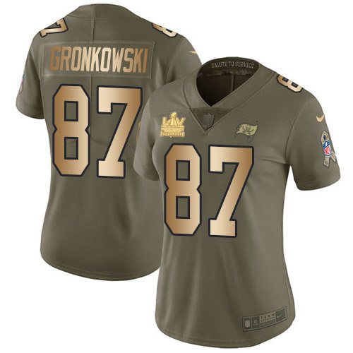 Buccaneers #87 Rob Gronkowski Olive/Gold Women's Super Bowl LV Champions Patch Stitched Limited 2017 Salute To Service Jersey