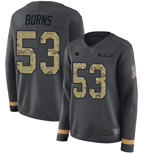 Panthers #53 Brian Burns Anthracite Salute To Service Women's Stitched Limited Therma Long Sleeve Jersey