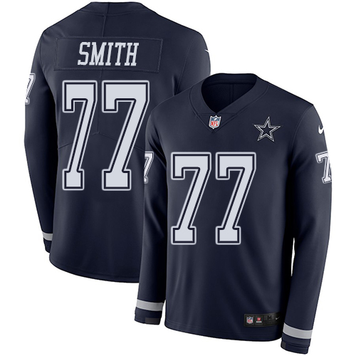Dallas Cowboys #77 Tyron Smith Navy Blue Team Color Men's Stitched Limited Therma Long Sleeve Jersey Men's