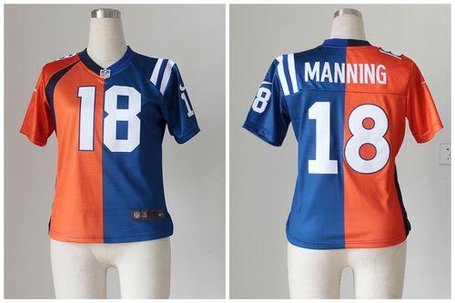 Broncos #18 Peyton Manning Orange/Blue Women's Stitched Elite Split Colts Jersey