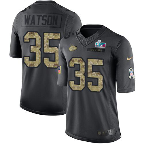 Chiefs #35 Jaylen Watson Black Super Bowl LVII Patch Youth Stitched Limited 2016 Salute To Service Jersey