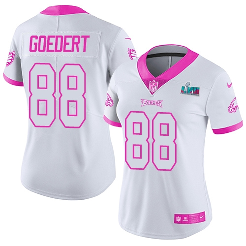 Eagles #88 Dallas Goedert White/Pink Super Bowl LVII Patch Women's Stitched Limited Rush Fashion Jersey