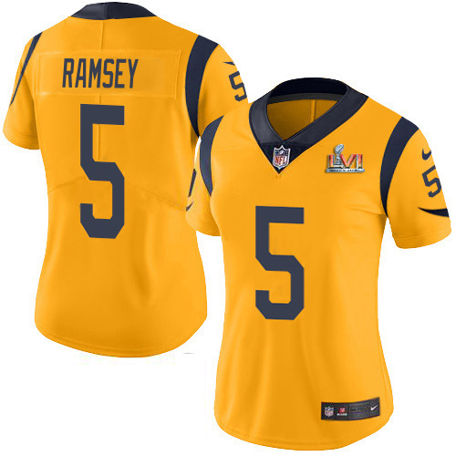Rams #5 Jalen Ramsey Gold Super Bowl LIII Bound Women's Stitched Limited Rush Jersey