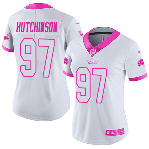 Lions #97 Aidan Hutchinson White/Pink Women's Stitched Limited Rush Fashion Jersey
