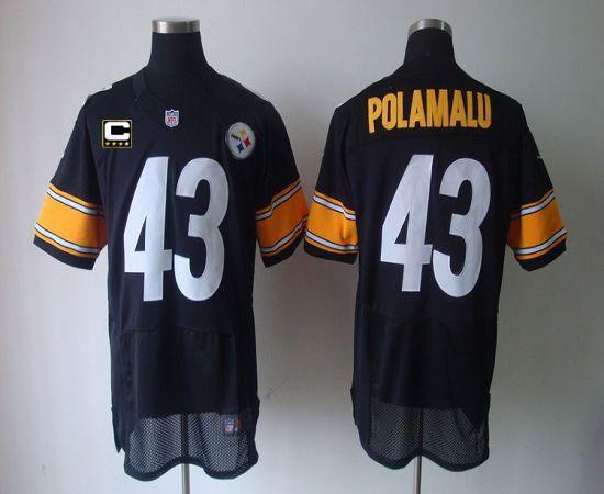 Steelers #43 Troy Polamalu Black Team Color With C Patch Men's Stitched Elite Jersey