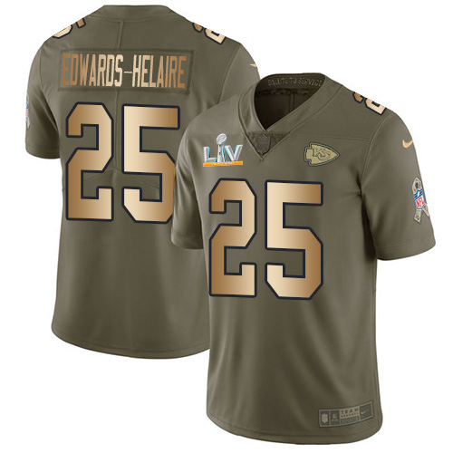 Chiefs #25 Clyde Edwards-Helaire Olive/Gold Youth Super Bowl LV Bound Stitched Limited 2017 Salute To Service Jersey