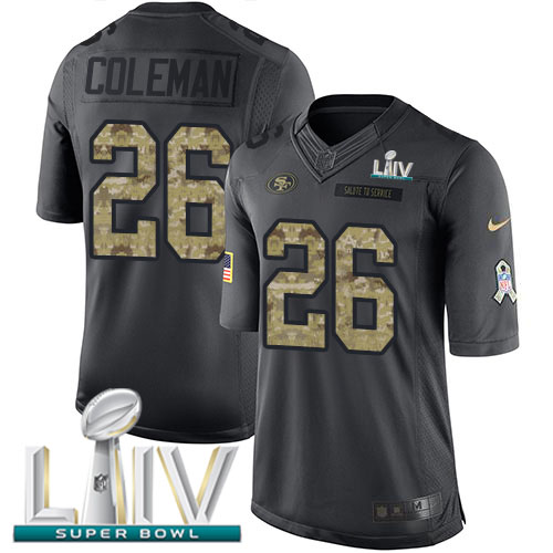 San Francisco 49ers #26 Tevin Coleman Black Super Bowl LIV 2020 Youth Stitched Limited 2016 Salute to Service Jersey Youth