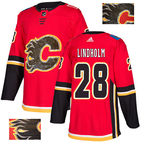 Adidas Calgary Flames #28 Elias Lindholm Red Home Authentic Fashion Gold Stitched Jersey Men's