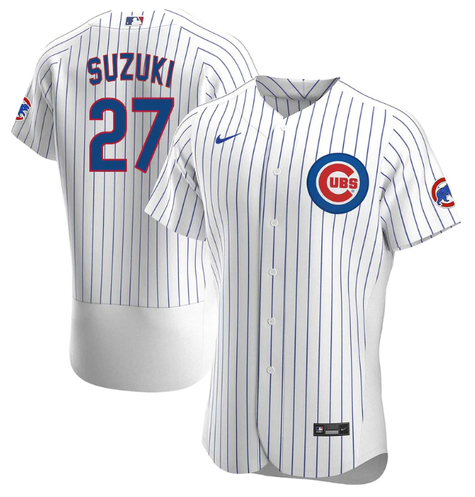 Men's Chicago Cubs #27 Seiya Suzuki White Royal Home Flex Base Jersey