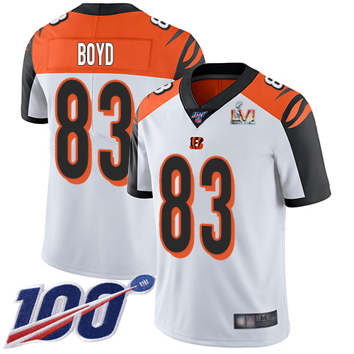 Bengals #83 Tyler Boyd White Super Bowl LVI Patch Men's Stitched 100th Season Vapor Limited Jersey