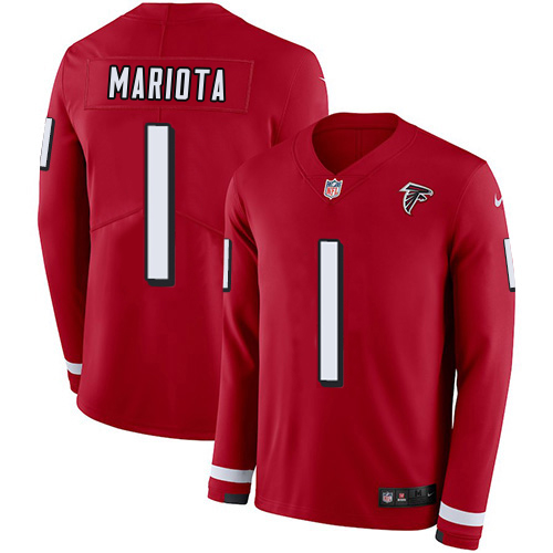 Falcons #1 Marcus Mariota Red Team Color Men's Stitched Limited Therma Long Sleeve Jersey