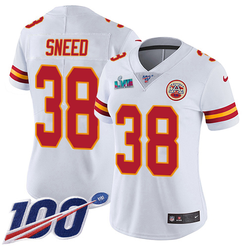 Chiefs #38 L'Jarius Sneed White Super Bowl LVII Patch Women's Stitched 100th Season Vapor Limited Jersey
