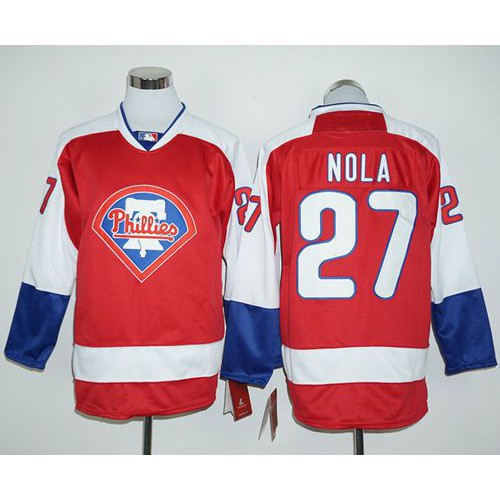 Philadelphia Phillies #27 Aaron Nola Red Long Sleeve Stitched Jersey Men's