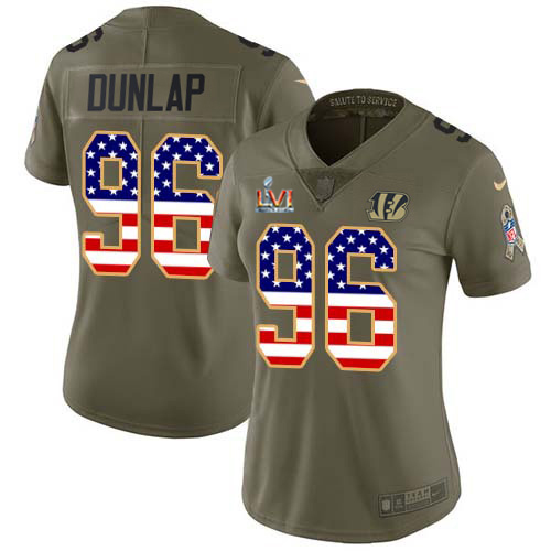 Cincinnati Bengals #96 Carlos Dunlap Olive/USA Super Bowl LVI Patch Flag Women's Stitched Limited 2017 Salute To Service Jersey Womens