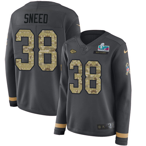 Chiefs #38 L'Jarius Sneed Anthracite Salute To Service Super Bowl LVII Patch Women's Stitched Limited Therma Long Sleeve Jersey