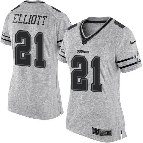 Cowboys #21 Ezekiel Elliott Gray Women's Stitched Limited Gridiron Gray II Jersey