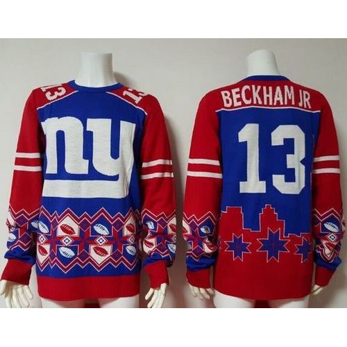 New York Giants #13 Odell Beckham Jr Royal Blue/Red Men's Ugly Sweater Men's