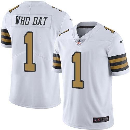 New Orleans Saints #1 Who Dat White Men's Stitched Limited Rush Jersey Men's