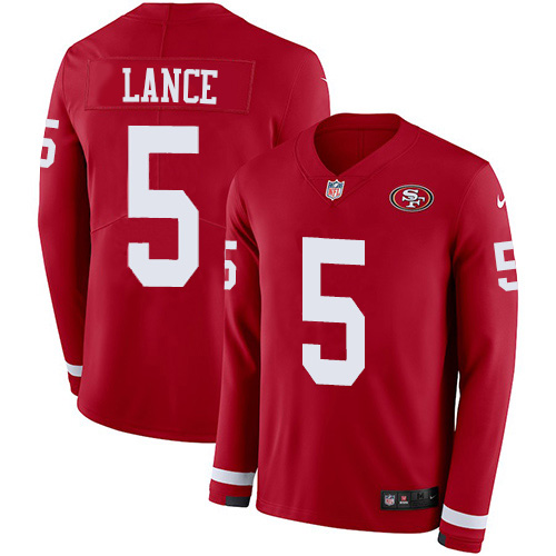 San Francisco 49ers #5 Trey Lance Red Team Color Men's Stitched Limited Therma Long Sleeve Jersey