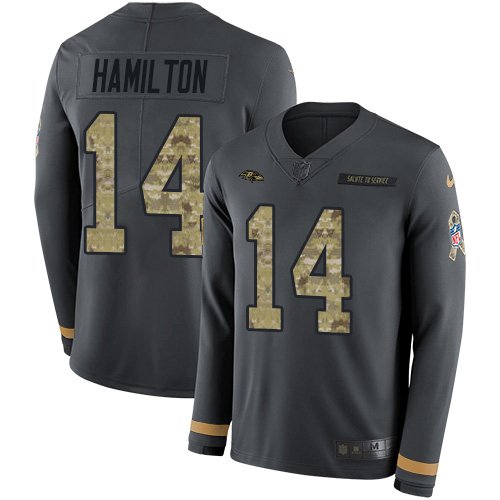Ravens #14 Kyle Hamilton Anthracite Salute To Service Youth Stitched Limited Therma Long Sleeve Jersey