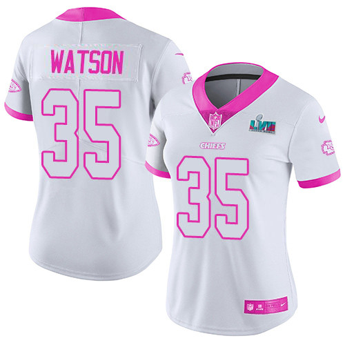 Chiefs #35 Jaylen Watson White/Pink Super Bowl LVII Patch Women's Stitched Limited Rush Fashion Jersey