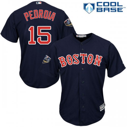 Boston Red Sox #15 Dustin Pedroia Navy Blue New Cool Base 2018 World Series Stitched Jersey Men's