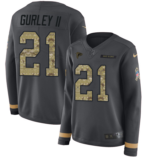 Atlanta Falcons #21 Todd Gurley II Anthracite Salute to Service Women's Stitched Limited Therma Long Sleeve Jersey Womens