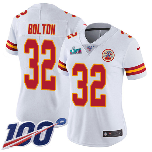 Chiefs #32 Nick Bolton White Super Bowl LVII Patch Women's Stitched 100th Season Vapor Limited Jersey
