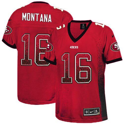 49ers #16 Joe Montana Red Team Color Women's Stitched Elite Drift Fashion Jersey