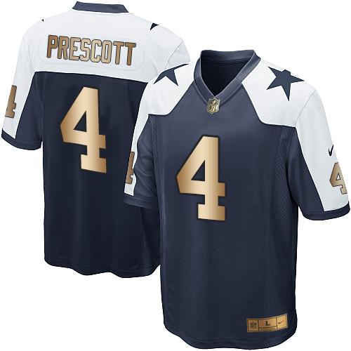 Cowboys #4 Dak Prescott Navy Blue Thanksgiving Throwback Youth Stitched Elite Gold Jersey