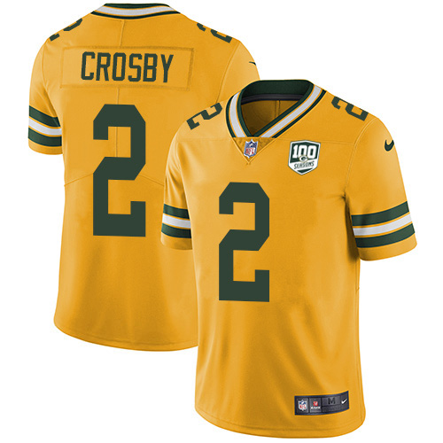 Green Bay Packers #2 Mason Crosby Yellow Men's 100th Season Stitched Limited Rush Jersey Men's