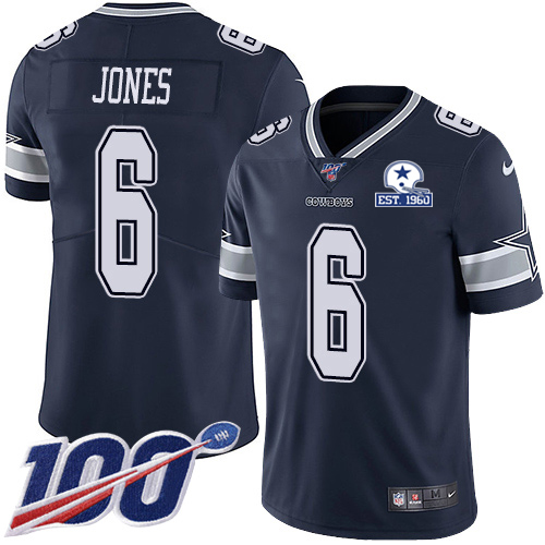 Dallas Cowboys #6 Chris Jones Navy Blue Team Color Men's Stitched With Established In 1960 Patch 100th Season Vapor Untouchable Limited Jersey Men