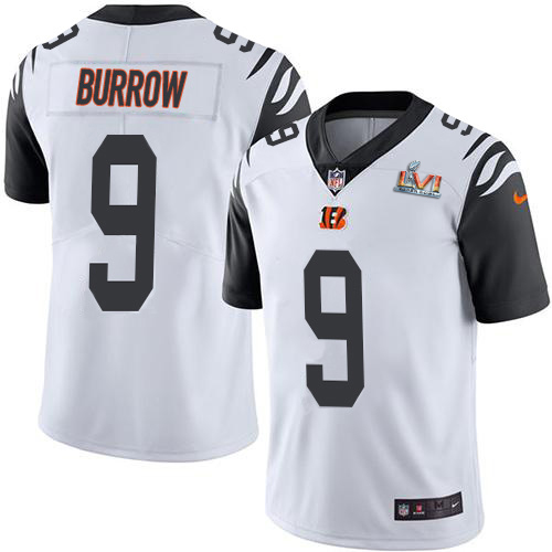 Bengals #9 Joe Burrow White Super Bowl LVI Patch Men's Stitched Limited Rush Jersey