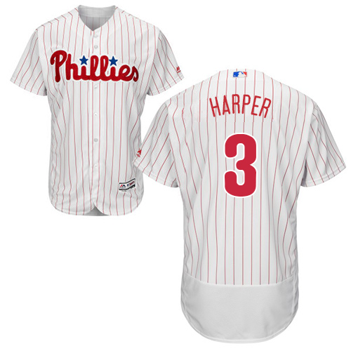 Philadelphia Phillies #3 Bryce Harper White(Red Strip) Flexbase Authentic Collection Stitched Jersey Men's