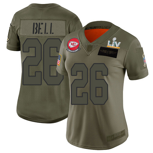 Kansas City Chiefs #26 Le'Veon Bell Camo Women's Super Bowl LV Bound Stitched Limited 2019 Salute To Service Jersey Womens