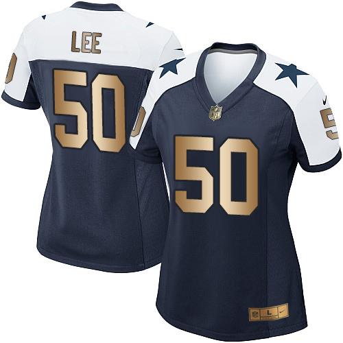 Dallas Cowboys #50 Sean Lee Navy Blue Thanksgiving Throwback Women's Stitched Elite Gold Jersey Womens