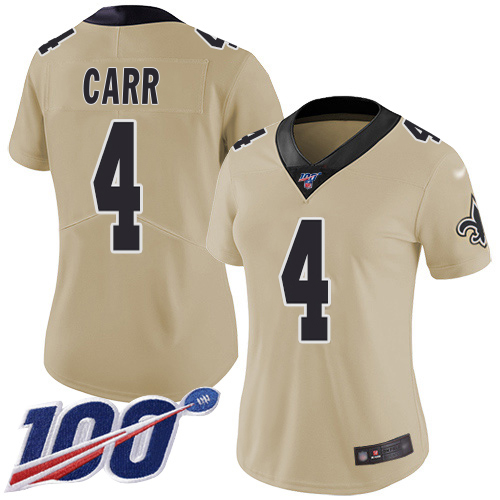 Saints #4 Derek Carr Gold Women's Stitched Limited Inverted Legend 100th Season Jersey