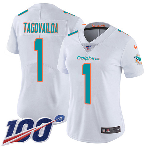 Dolphins #1 Tua Tagovailoa White Women's Stitched 100th Season Vapor Untouchable Limited Jersey