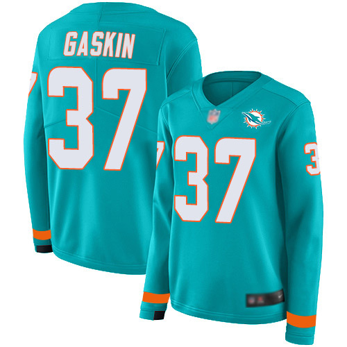 Miami Dolphins #37 Myles Gaskin Aqua Green Team Color Women's Stitched Limited Therma Long Sleeve Jersey Womens