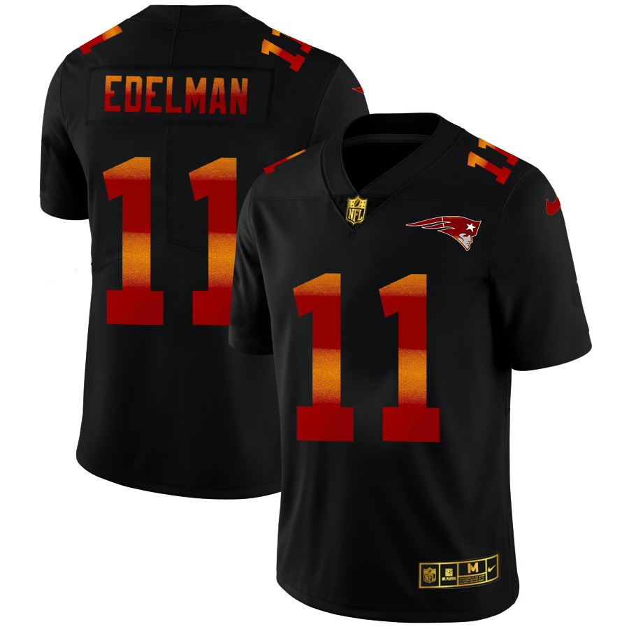 New England Patriots #11 Julian Edelman Men's Black Red Orange Stripe Vapor Limited Jersey