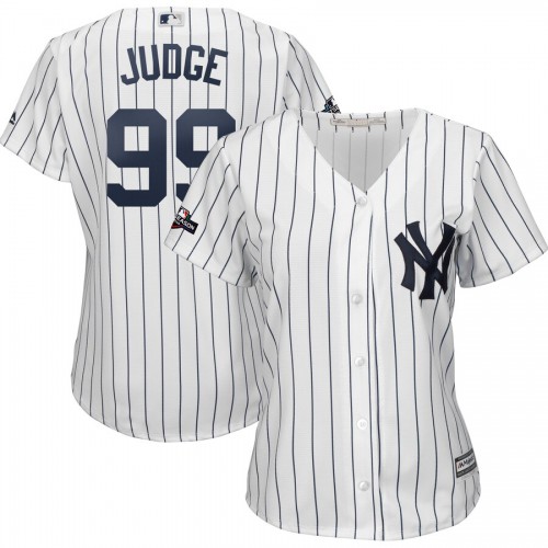 New York New York Yankees #99 Aaron Judge Majestic Women's 2019 Postseason Official Cool Base Player Jersey White Navy Womens