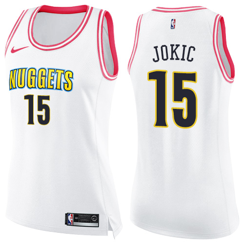 Denver Nuggets #15 Nikola Jokic White/Pink Womens Swingman Fashion Jersey Womens