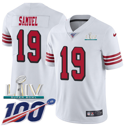 49ers #19 Deebo Samuel White Super Bowl LIV 2020 Rush Men's Stitched Limited 100th Season Jersey