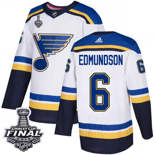 Adidas St. Louis Blues #6 Joel Edmundson White Road Authentic 2019 Stanley Cup Final Stitched Jersey Men's