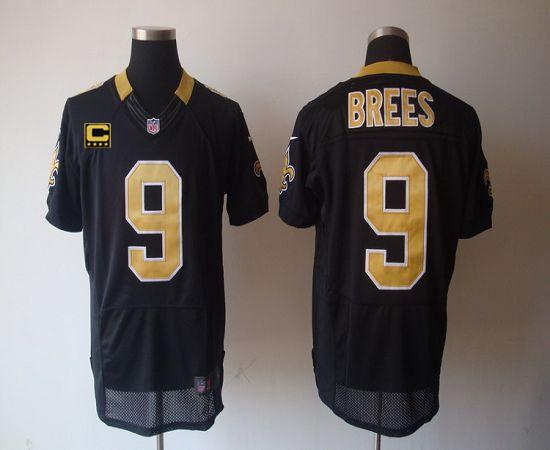 Saints #9 Drew Brees Black Team Color With C Patch Men's Stitched Elite Jersey