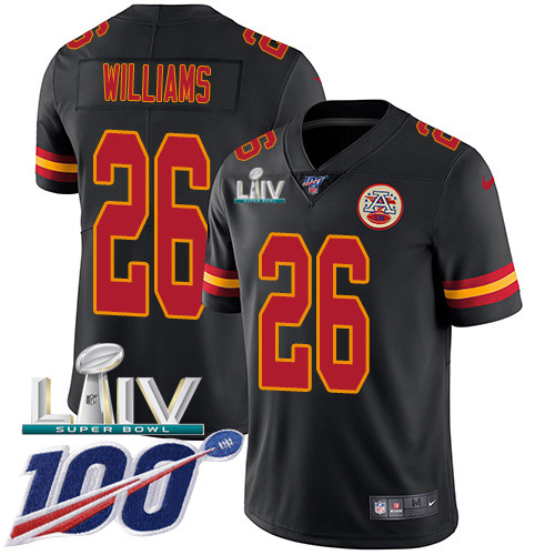 Kansas City Chiefs #26 Damien Williams Black Super Bowl LIV 2020 Youth Stitched Limited Rush 100th Season Jersey Youth