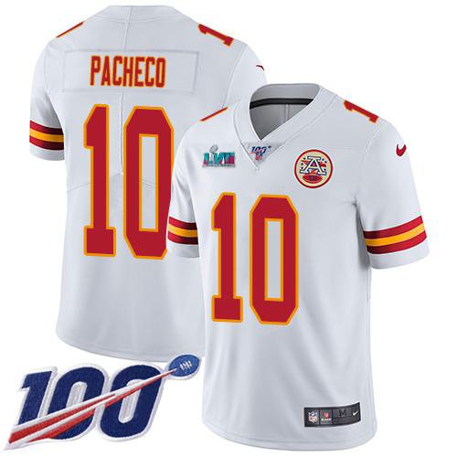 Chiefs #10 Isiah Pacheco White Super Bowl LVII Patch Youth Stitched 100th Season Vapor Limited Jersey
