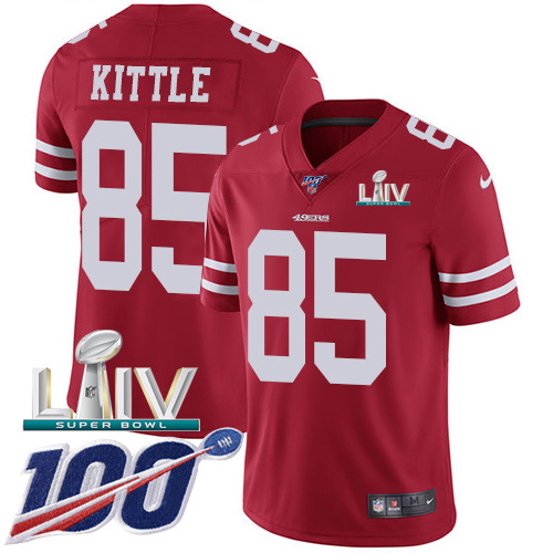 49ers #85 George Kittle Red Super Bowl LIV 2020 Team Color Men's Stitched 100th Season Vapor Limited Jersey
