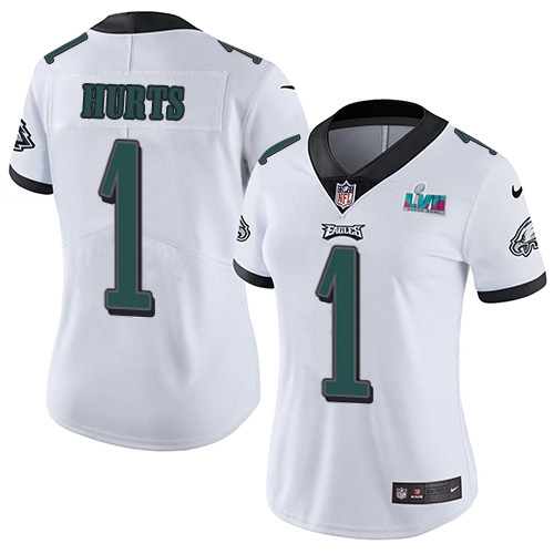 Eagles #1 Jalen Hurts White Super Bowl LVII Patch Women's Stitched Vapor Untouchable Limited Jersey